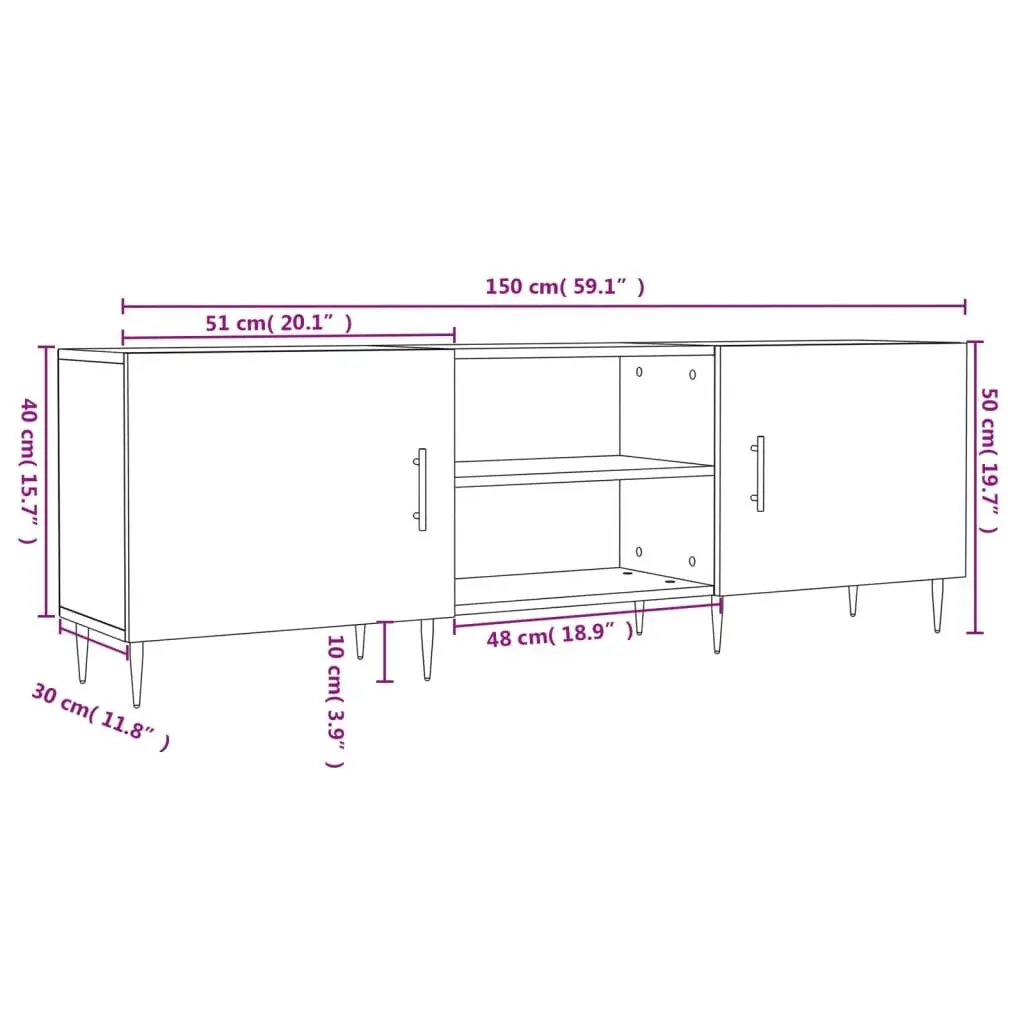 TV Stand Engineered Wood Storage Unit 150x30x50 cm Brown with 4 Compartments and Iron Legs