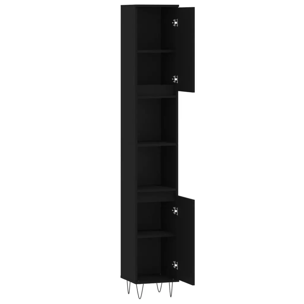 Bathroom Cabinet Engineered Wood Black 30x30x190cm with 4 Door Compartments and 2 Open Shelves