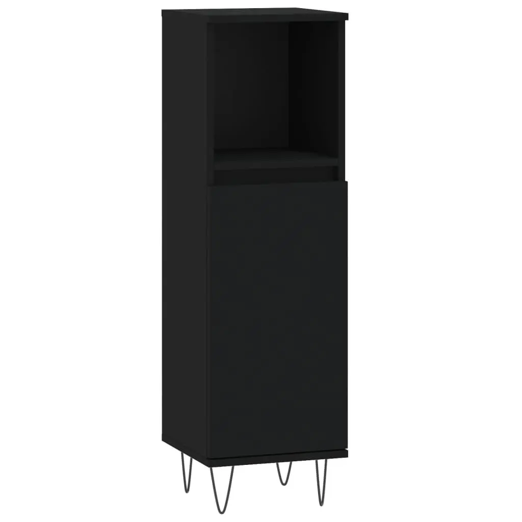 Black Bathroom Cabinet 30x30x100cm Engineered Wood Storage with Door and Open Shelf