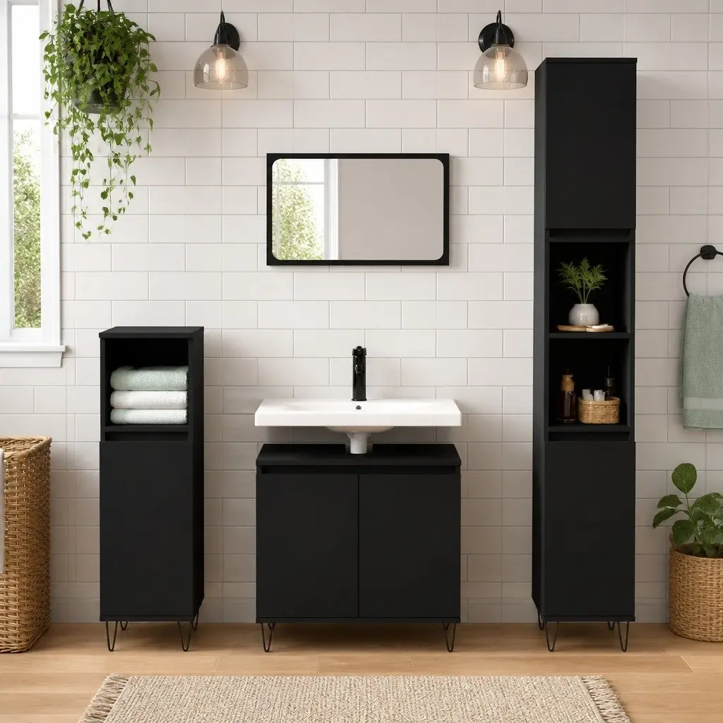 Black Bathroom Cabinet Storage Furniture 58x33x60 cm 2 Door Engineered Wood