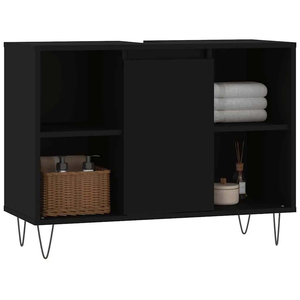 Bathroom Cabinet Engineered Wood Black 80x33x60 cm Vanity Unit with Door and Four Shelves