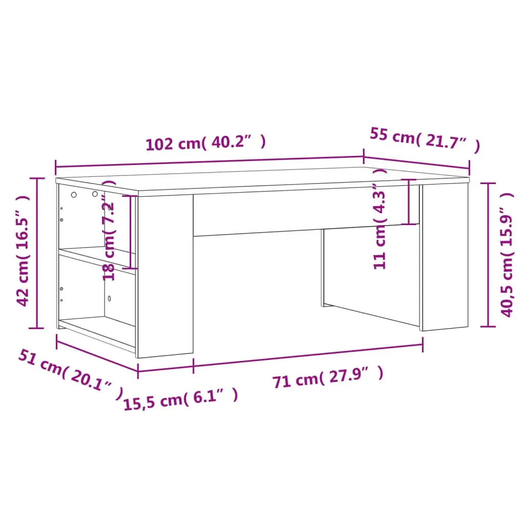 Coffee Table White Engineered Wood 102x55x42cm Storage Compartment Living Room Furniture