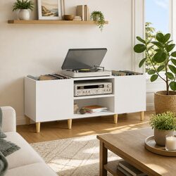 Record Storage Cabinet White 121x38x48cm Vinyl LP Display Engineered Wood