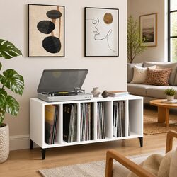 Record Cabinet White Engineered Wood Vinyl Storage Display Cabinet with Metal