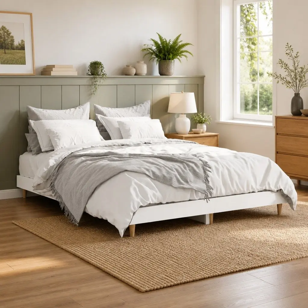 White Bed Frame 135x190cm Engineered Wood Slatted Base for Stable Support