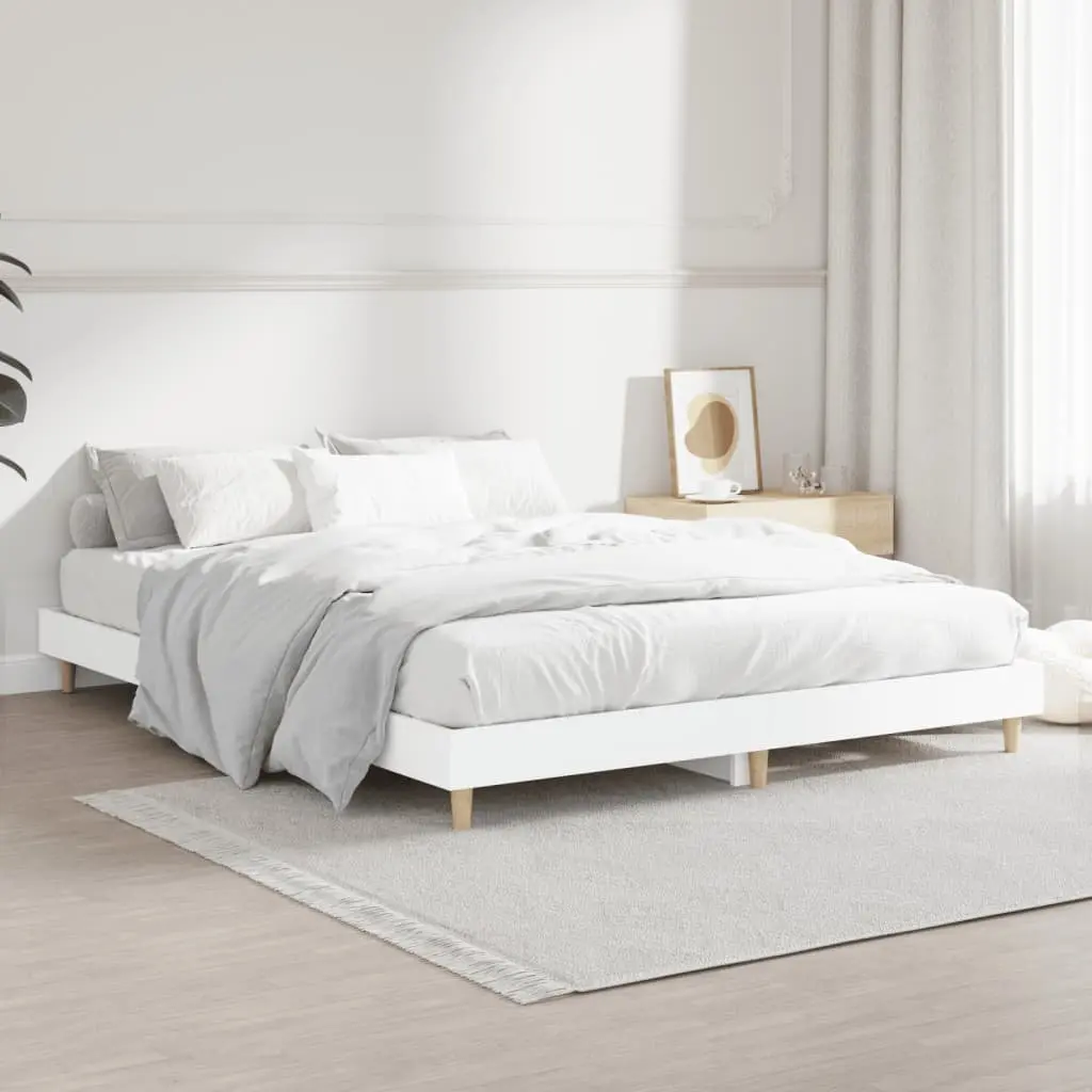 White Bed Frame 135x190cm Engineered Wood Slatted Base for Stable Support