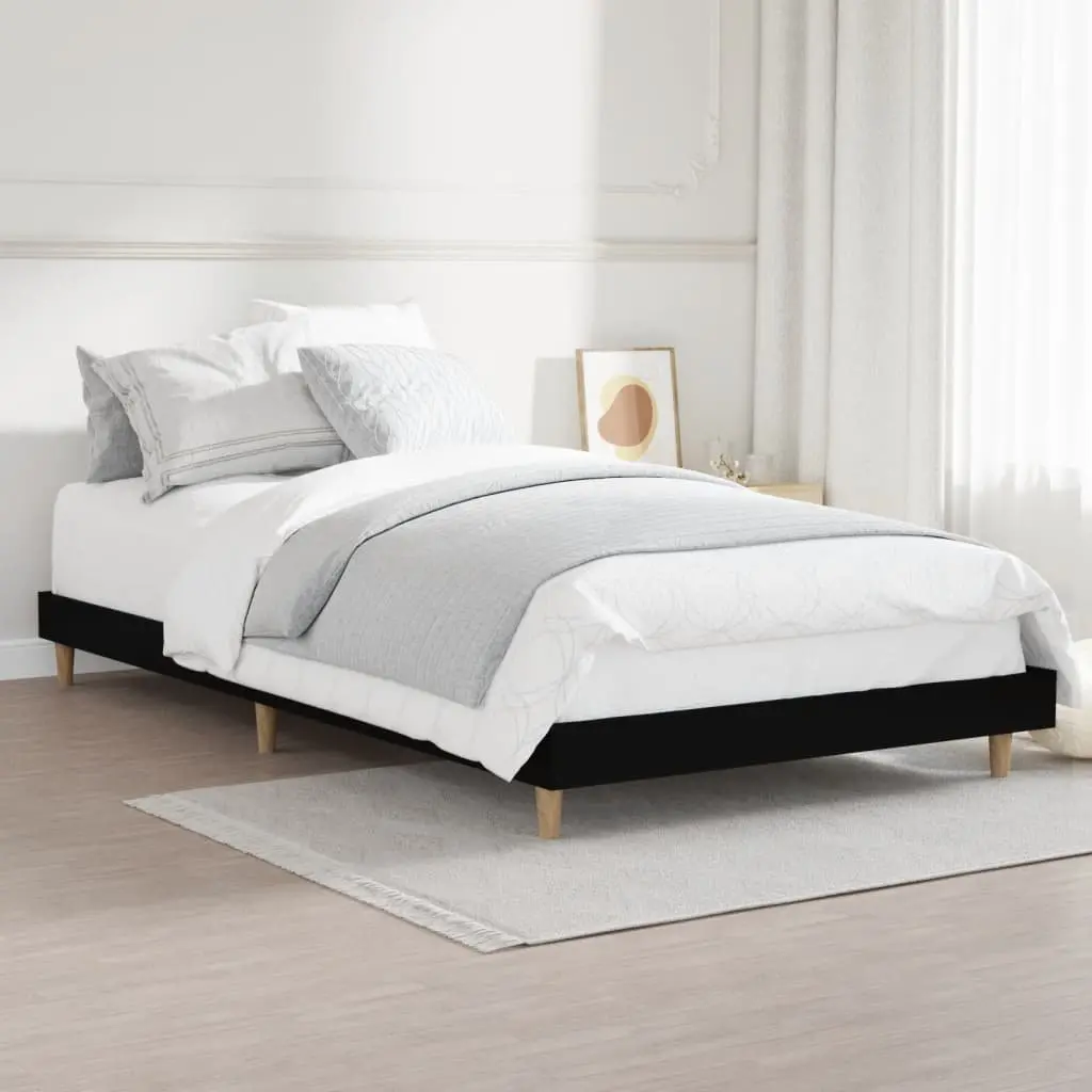 Black Bed Frame Engineered Wood 90x190 cm Plywood Slats Sturdy Wooden Legs