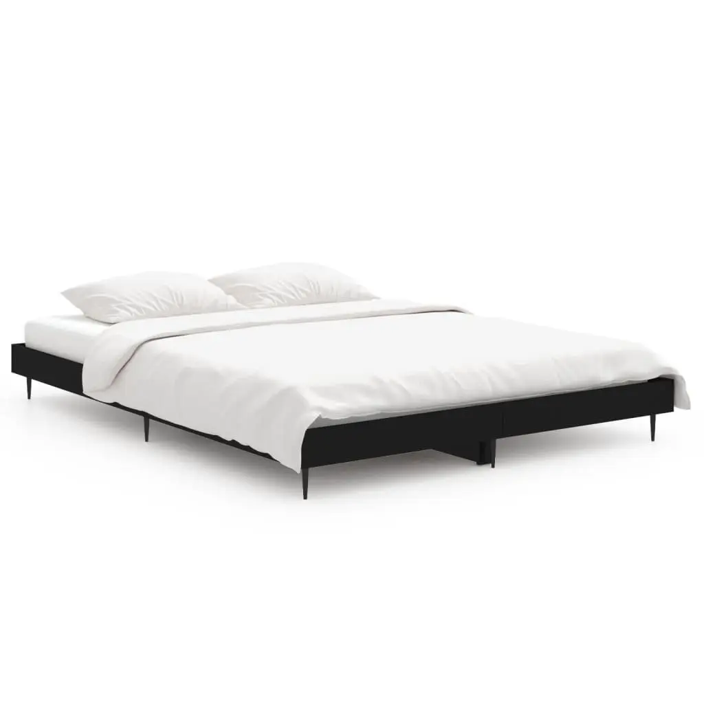 Bed Frame Black 135x190 cm Engineered Wood Slatted Base Metal Legs Bedroom
