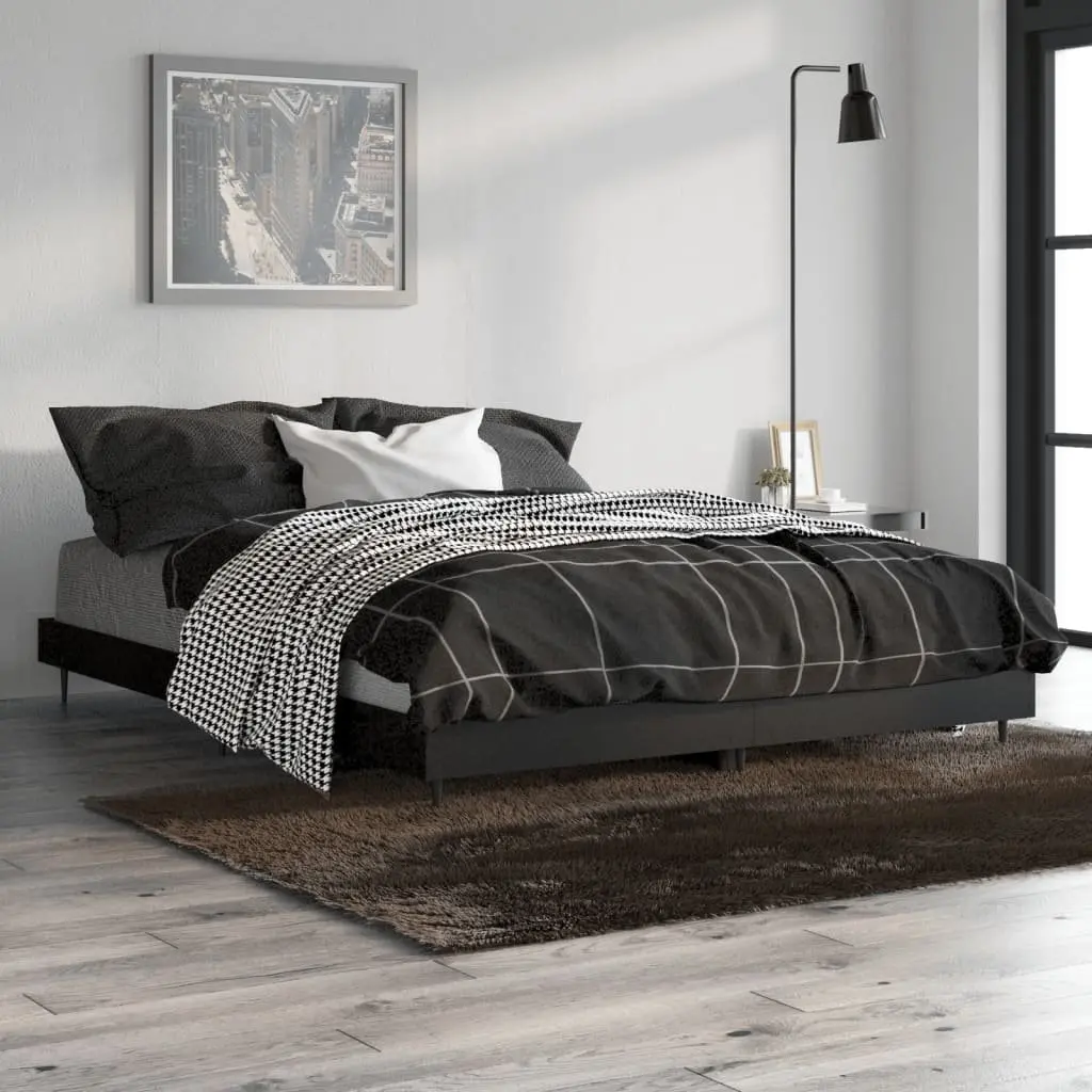 Bed Frame Black 135x190 cm Engineered Wood Slatted Base Metal Legs Bedroom