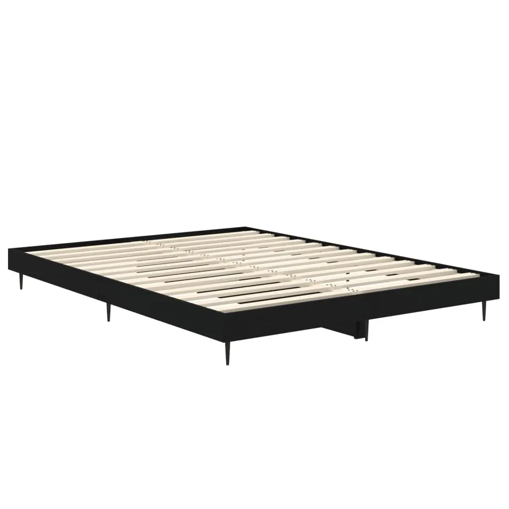 Bed Frame Black 135x190 cm Engineered Wood Slatted Base Metal Legs Bedroom