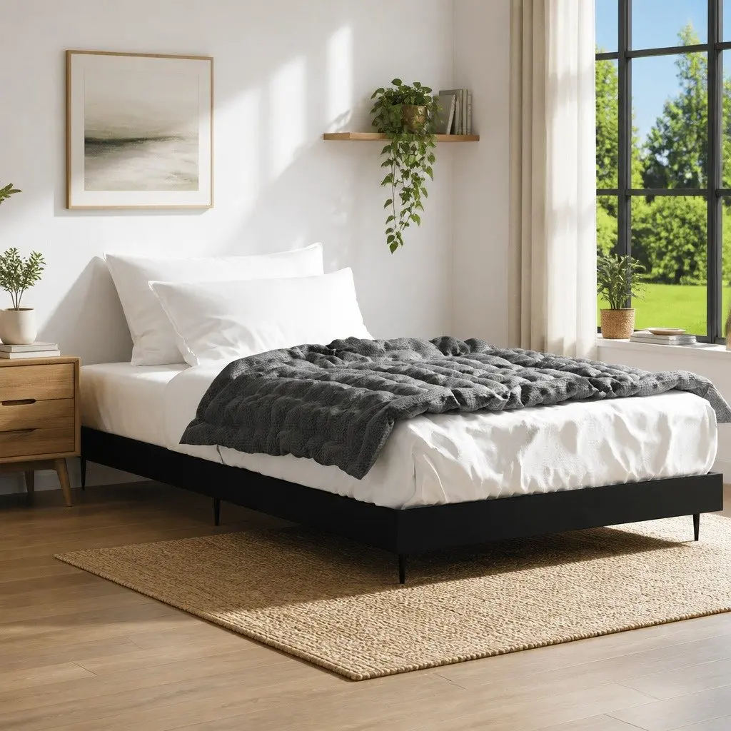Black Bed Frame Engineered Wood 90x190 cm Slatted Base with Metal Legs