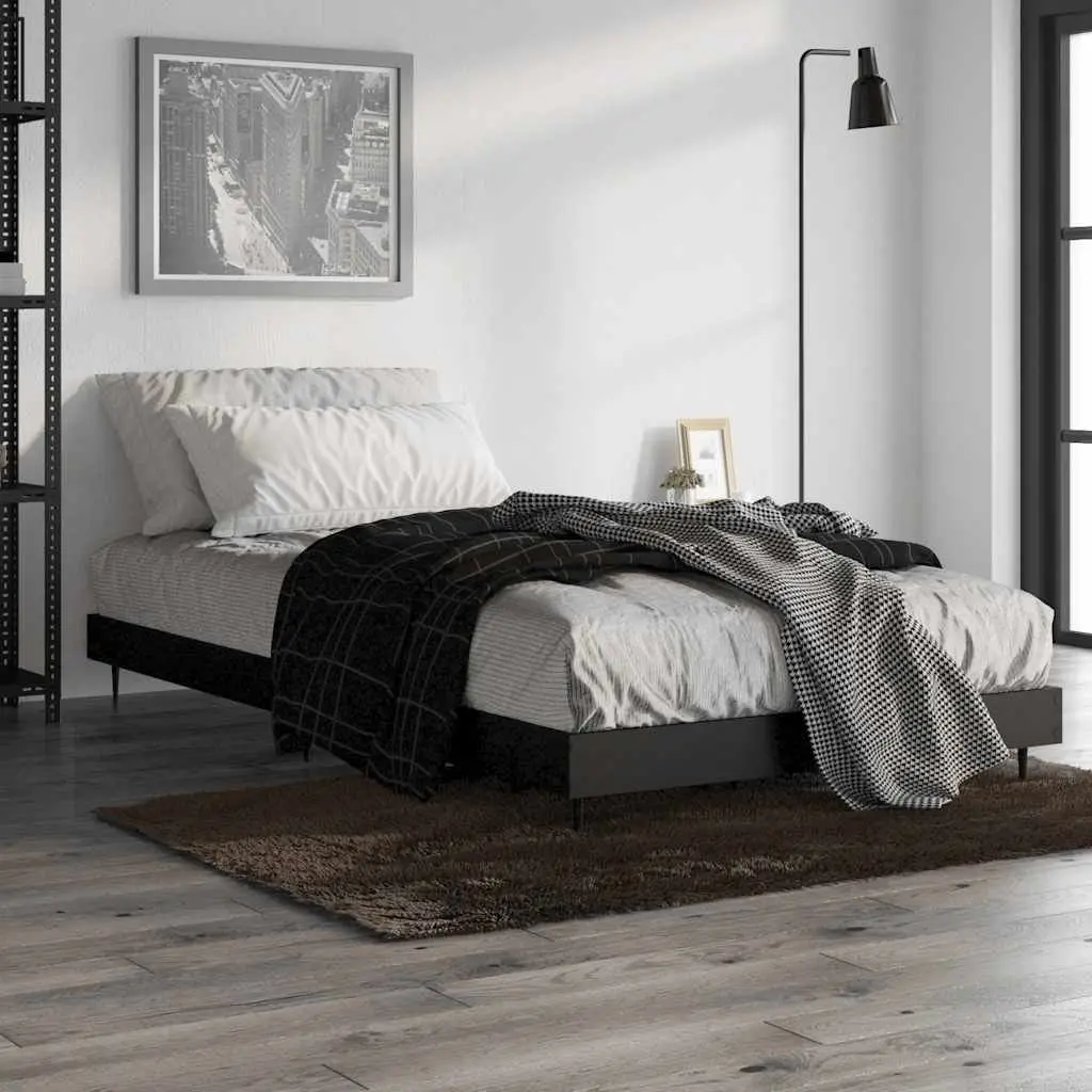 Black Bed Frame Engineered Wood 90x190 cm Slatted Base with Metal Legs