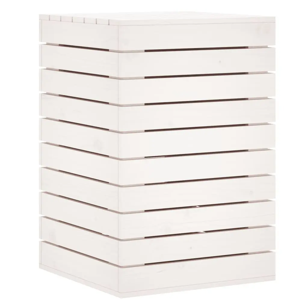 White Solid Pine Laundry Basket Lidded Household Linen Storage Container 44x44x66cm