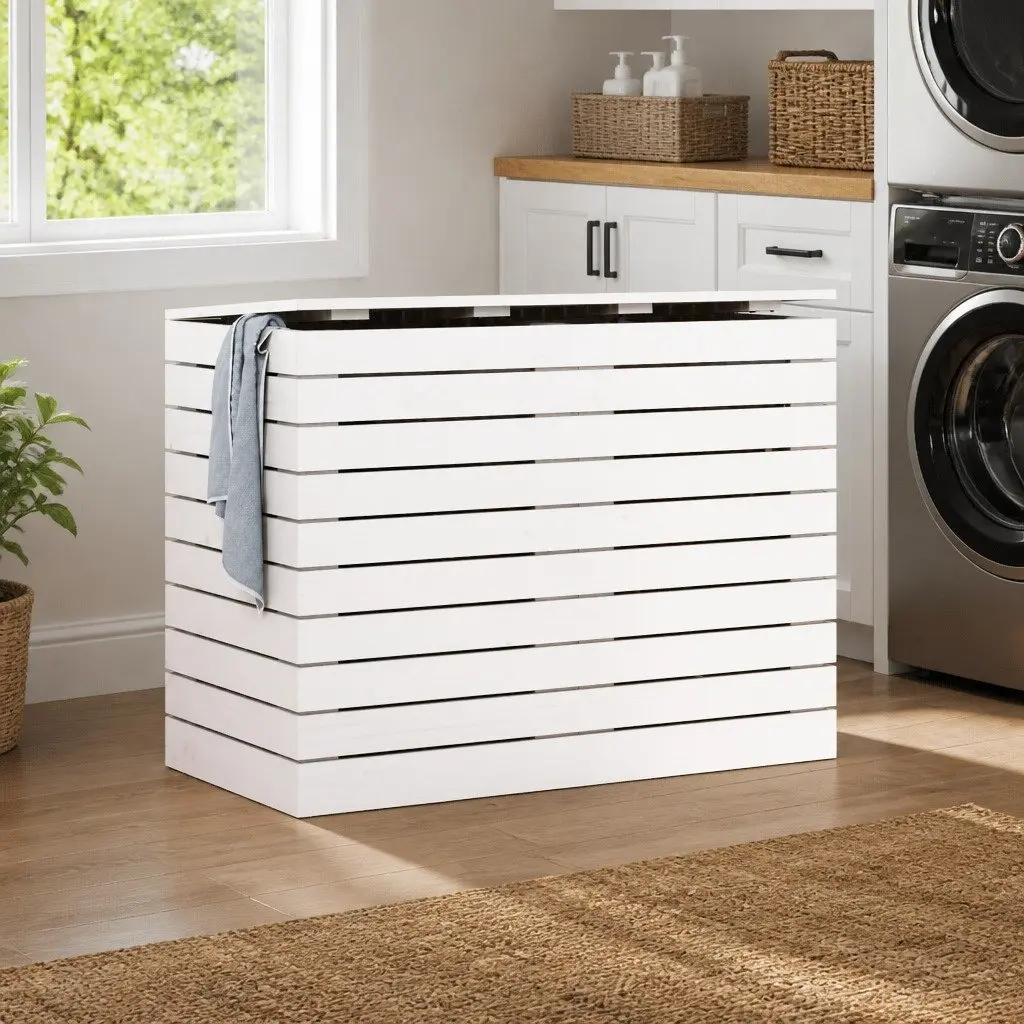 Laundry Bin Lidded White Solid Pine Wood Storage Container 885x44x66cm Home Organization