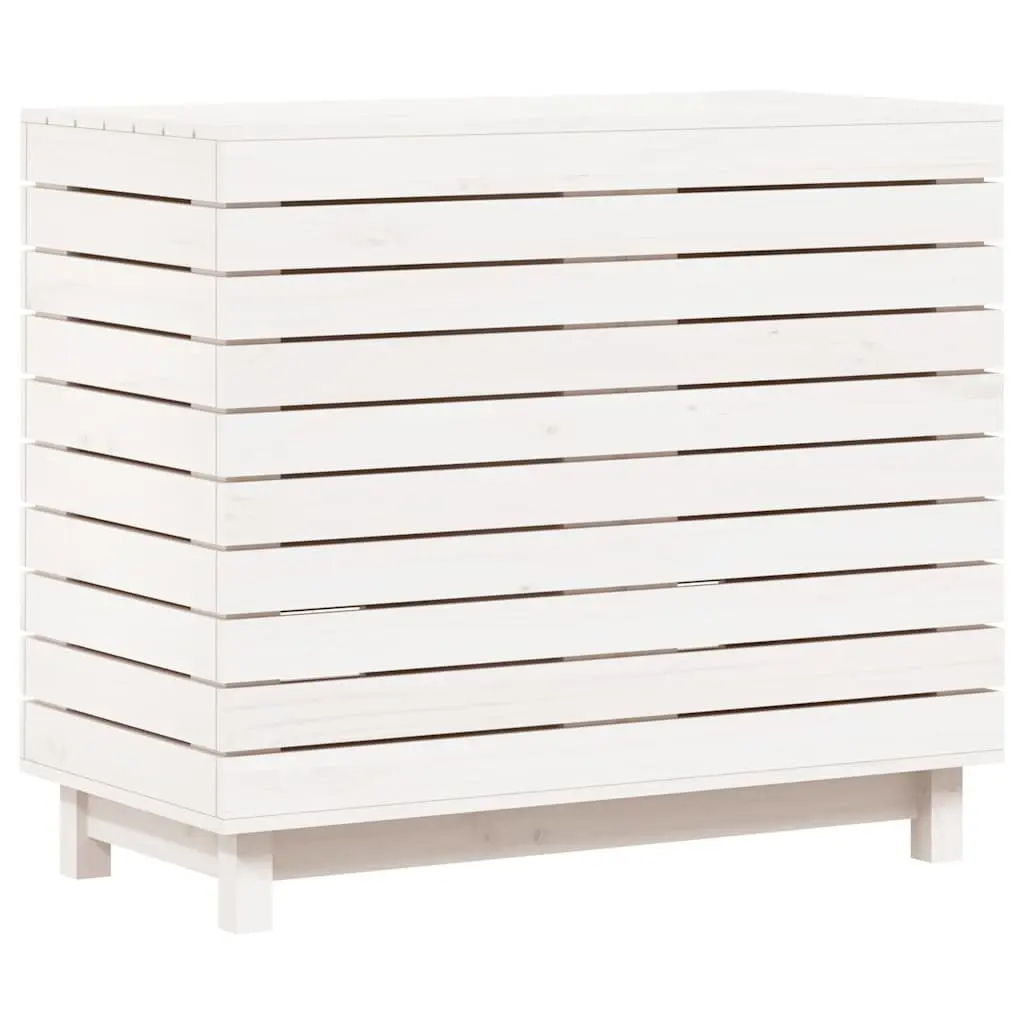 White Wooden Laundry Basket with Lid Storage Hamper Solid Pine Wood Home