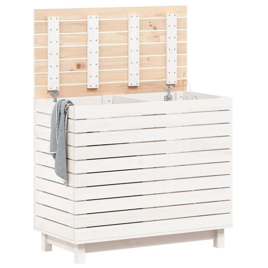 White Wooden Laundry Basket with Lid Storage Hamper Solid Pine Wood Home