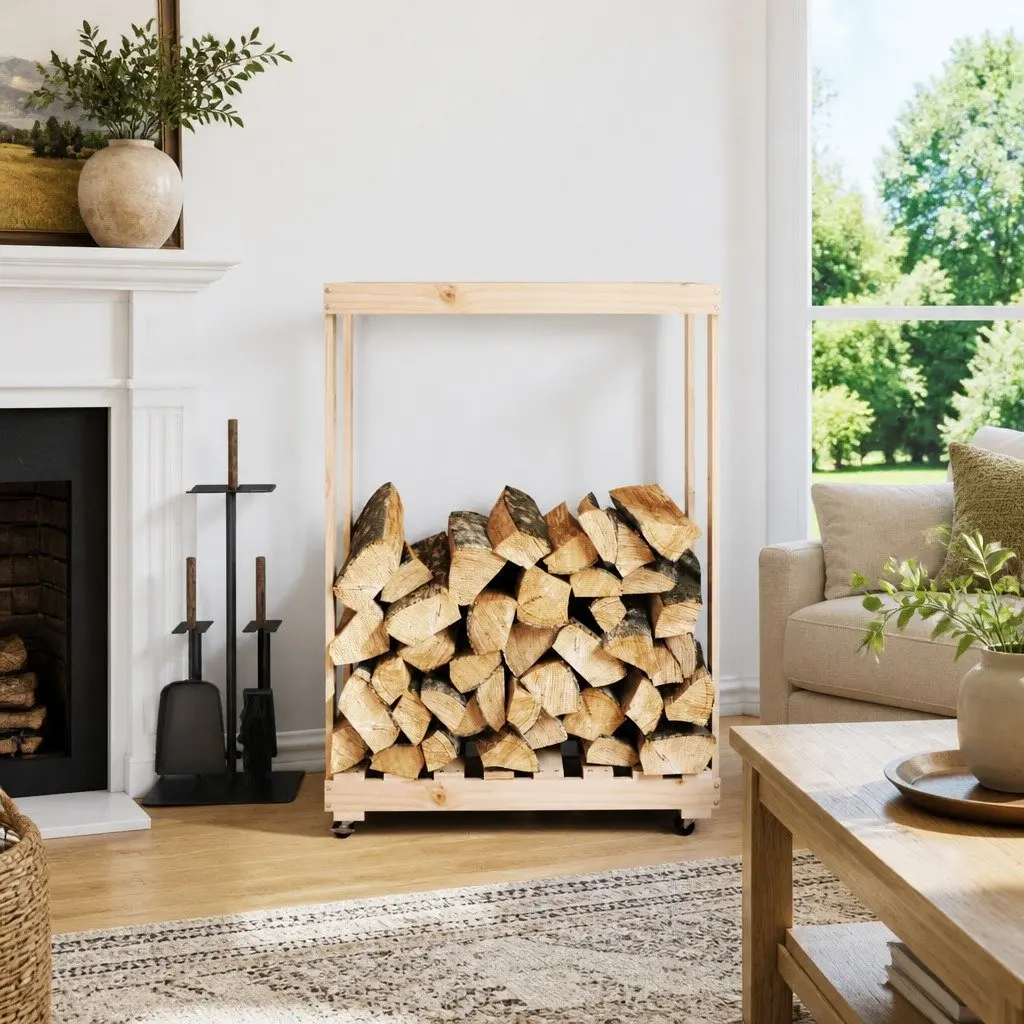 Wooden Log Holder Solid Pine Wood Brown 76.5 x 40 x 108 cm with Wheels