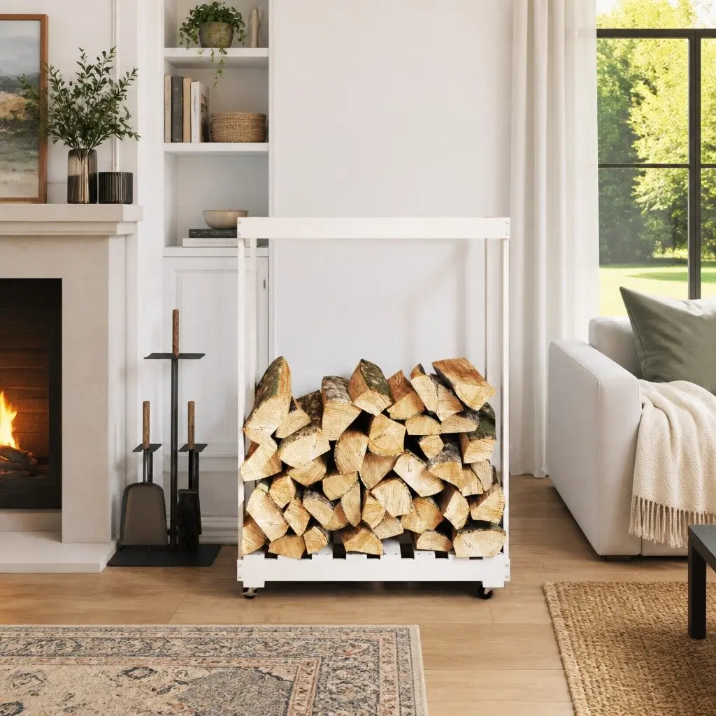 Wooden Log Holder Solid Pine Wood White Storage Rack with Wheels 76.5 x 40 x 108 cm