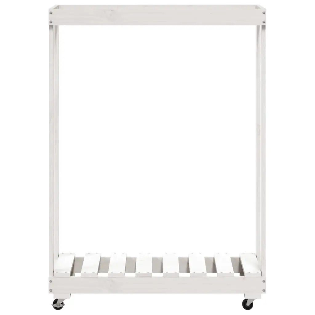 Wooden Log Holder Solid Pine Wood White Storage Rack with Wheels 76.5 x 40 x 108 cm