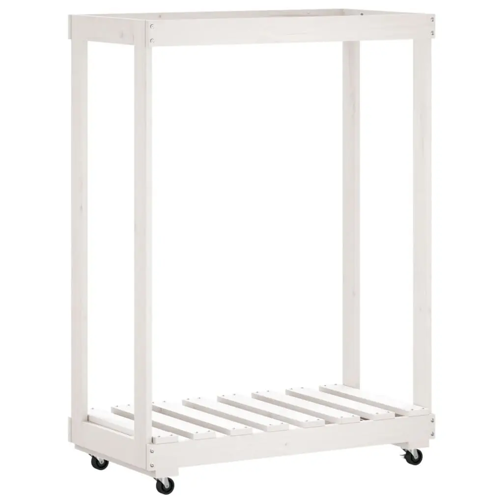 Wooden Log Holder Solid Pine Wood White Storage Rack with Wheels 76.5 x 40 x 108 cm