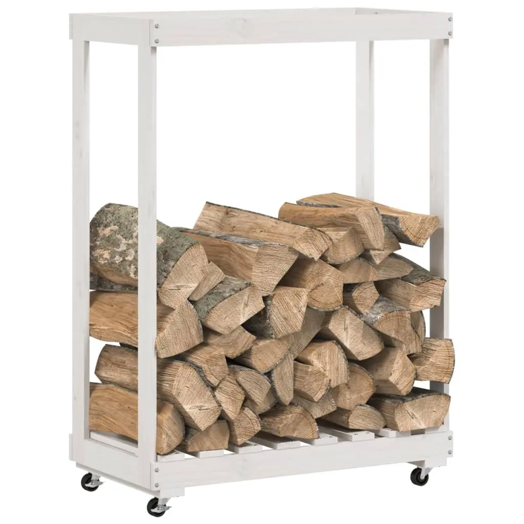 Wooden Log Holder Solid Pine Wood White Storage Rack with Wheels 76.5 x 40 x 108 cm