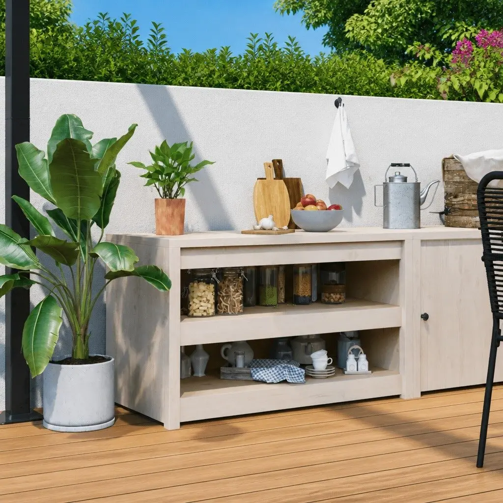 Outdoor Kitchen Cabinet Solid Pine Wood Garden Storage Unit White 106cm