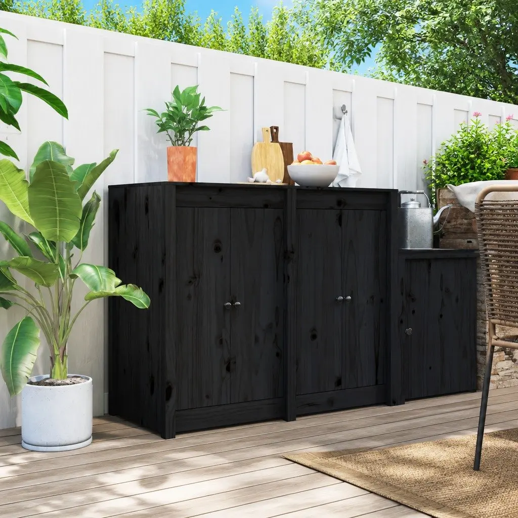 Black Solid Pine Wood Outdoor Kitchen Doors 2 Piece Rustic Style with Metal Knobs