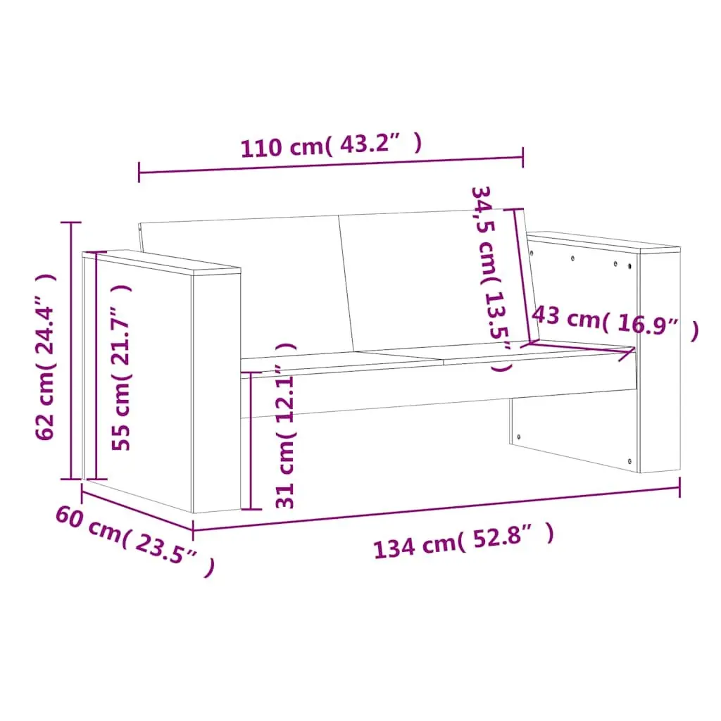 Garden Sofa 2-Seater Outdoor Furniture Wooden Patio Bench with Armrests Backrest