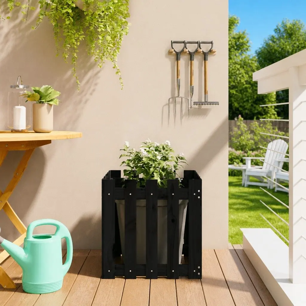 Wooden Garden Planter with Fence Design Black 50x50x50cm Deep Plant Box Outdoor