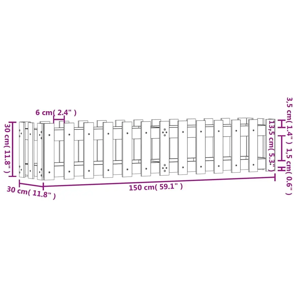 Garden Raised Bed with Fence Design 150x30x30cm Solid Pine Wood Planter Box