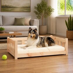 Dog Bed Wooden Rectangular Pet Sofa Puppy Sleeping Crate Furniture Brown