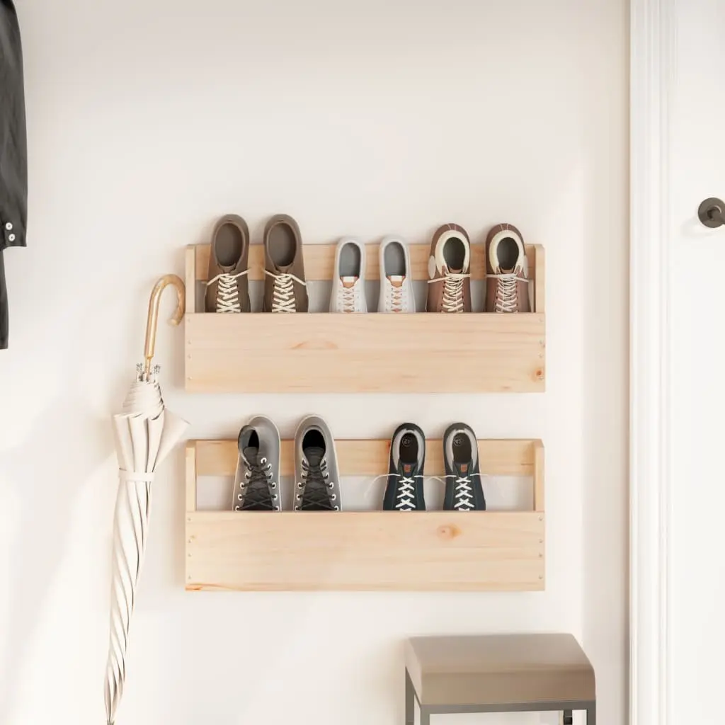 Wall-Mounted Shoe Rack Solid Pine Wood Brown Storage Shelves Organiser 59x9x23cm