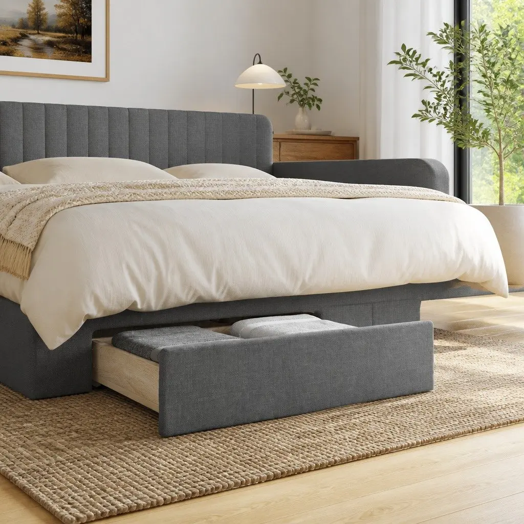 Under Bed Storage Drawers Engineered Wood Fabric Upholstered 2 Piece Grey