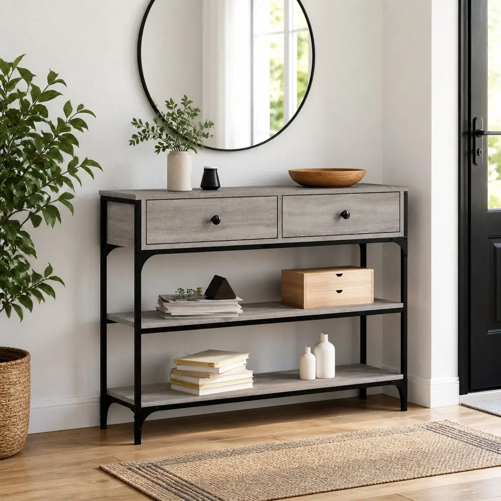 Console Table Engineered Wood Metal Frame 100 x 25 x 75 cm Grey