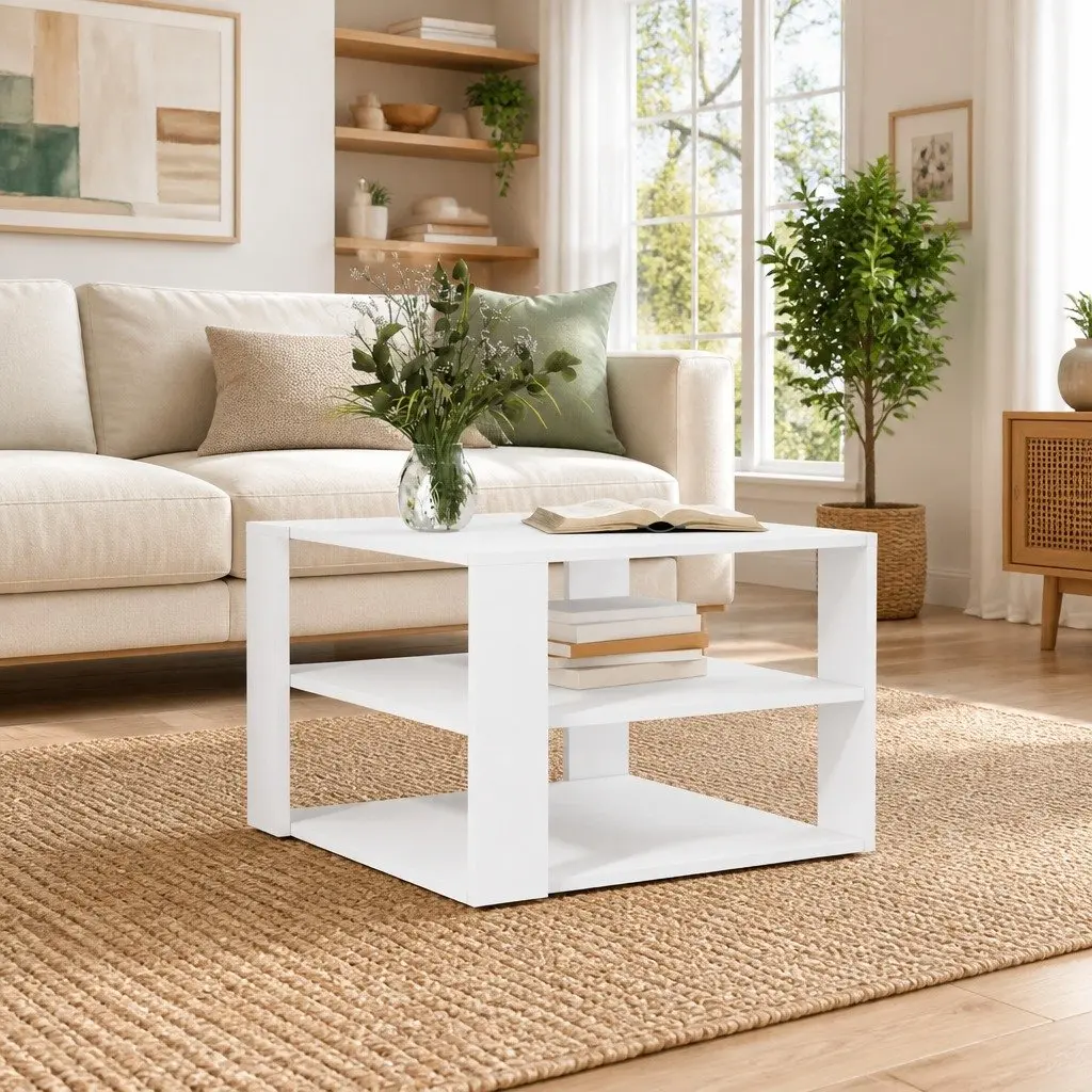 Coffee Table Engineered Wood 3-Tier Open Shelf Storage 58x58x40cm White