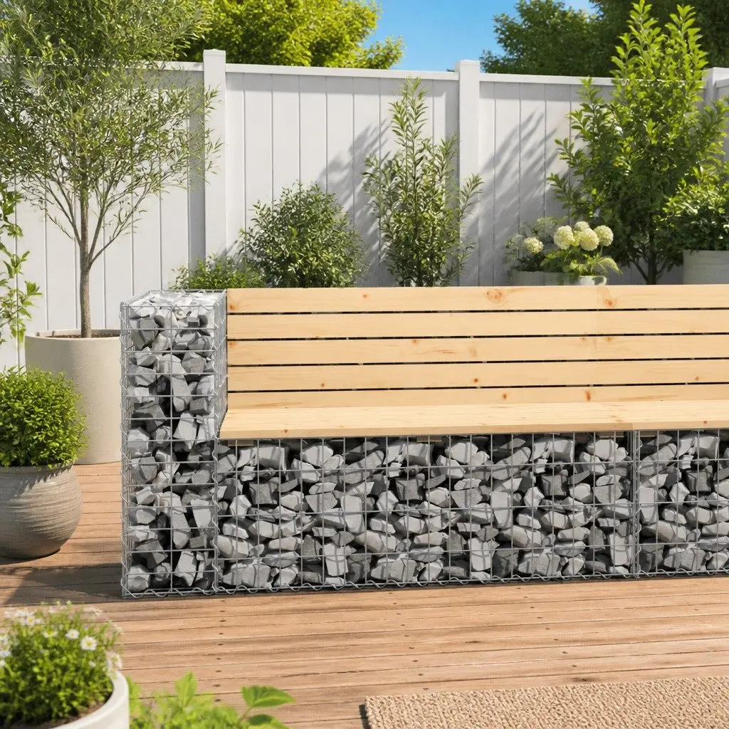 Garden Bench Solid Pinewood Seat Galvanised Steel Gabion Basket Base 122cm Brown