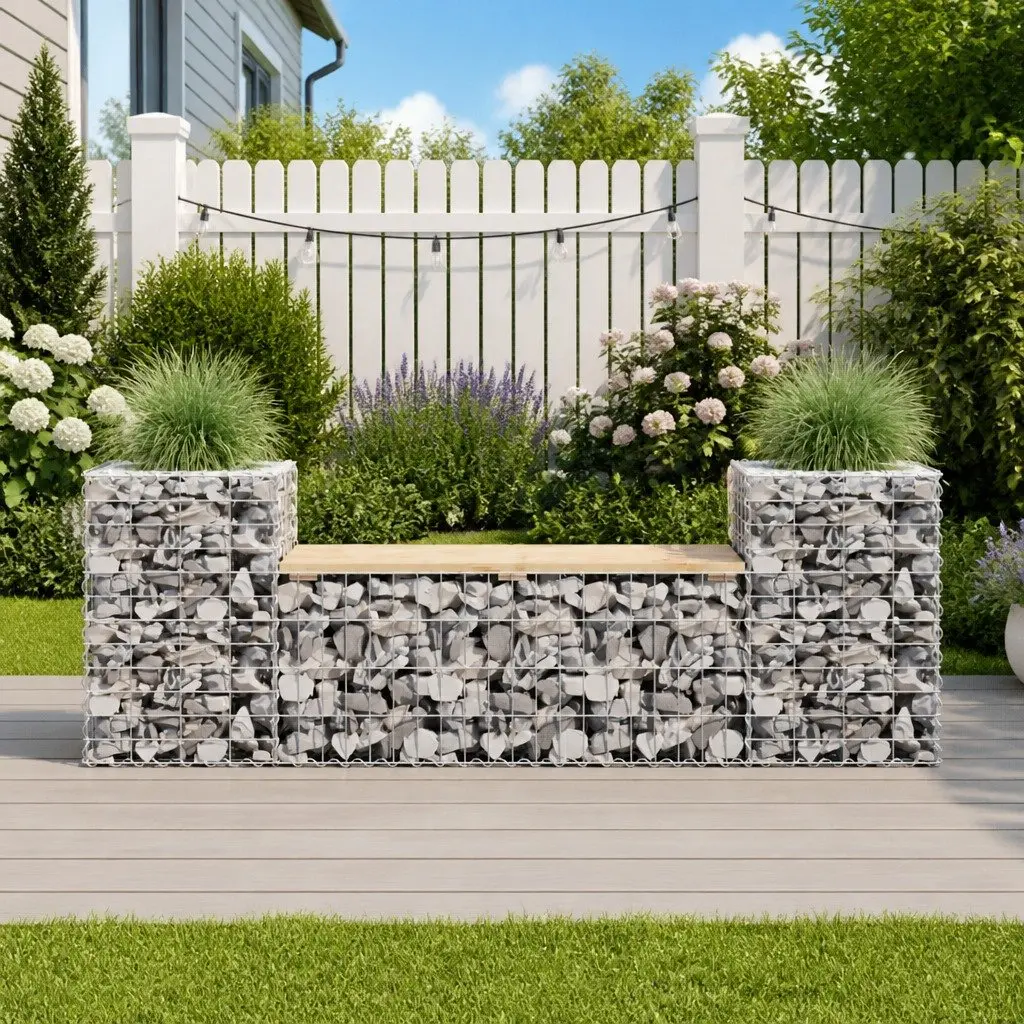 Garden Bench Outdoor Seating Compact Solid Pinewood with Gabion Base Brown