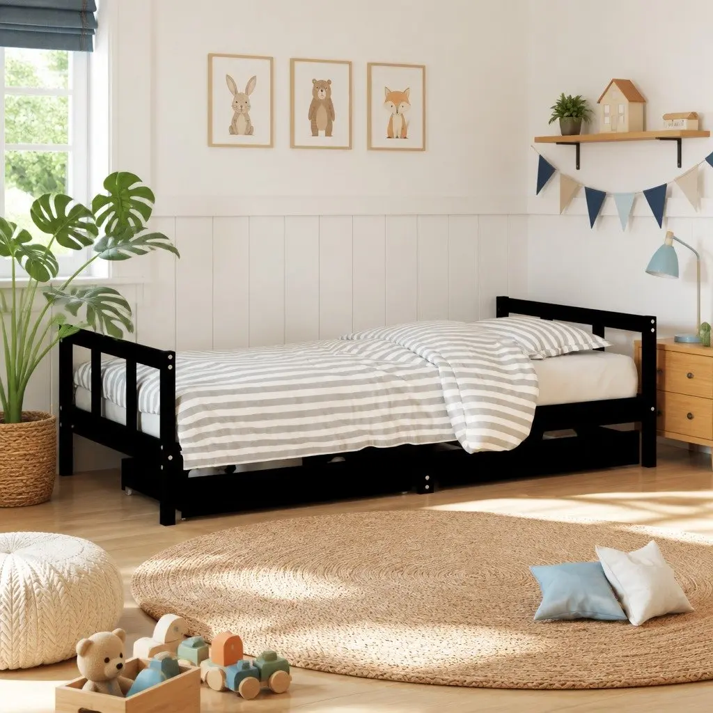 Kids Bed Frame Solid Pine Wood Low Height Single Bed Black 90x190cm with Storage Drawers