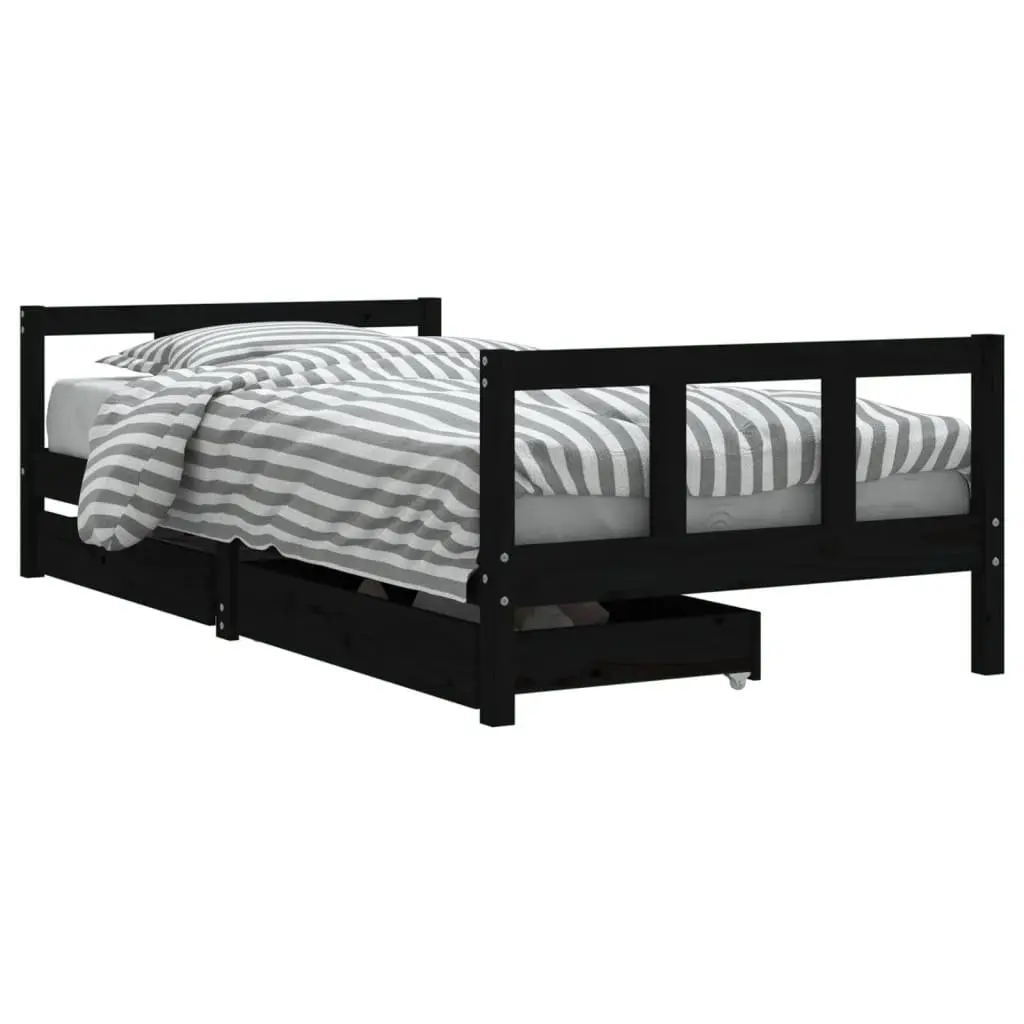 Kids Bed Frame Solid Pine Wood Low Height Single Bed Black 90x190cm with Storage Drawers