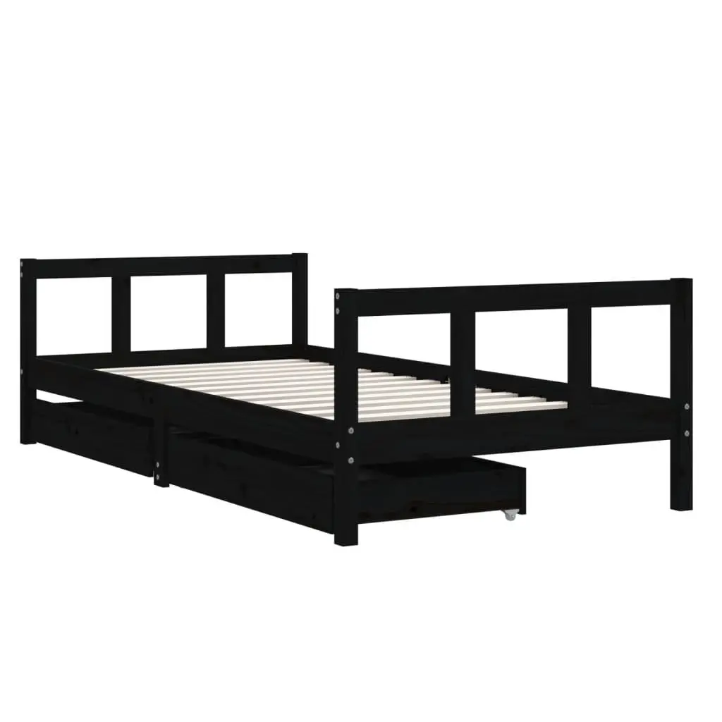Kids Bed Frame Solid Pine Wood Low Height Single Bed Black 90x190cm with Storage Drawers