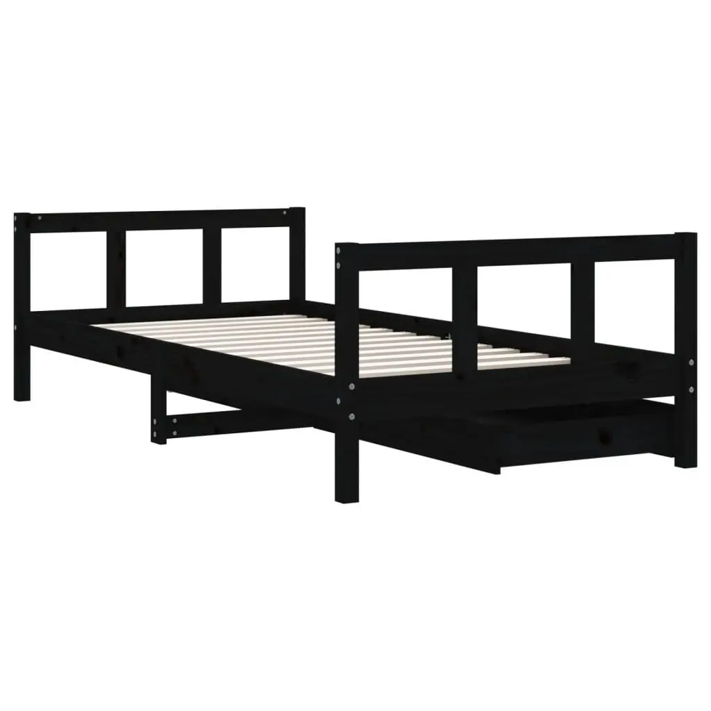 Kids Bed Frame Solid Pine Wood Low Height Single Bed Black 90x190cm with Storage Drawers