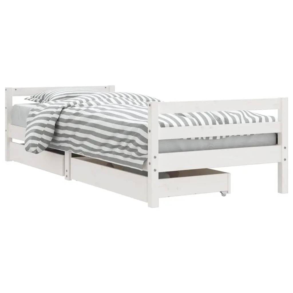Kids Bed Frame Wooden Pine White Single with Storage Drawers