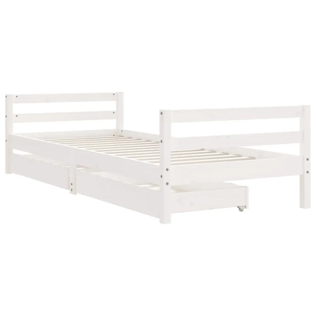 Kids Bed Frame Wooden Pine White Single with Storage Drawers
