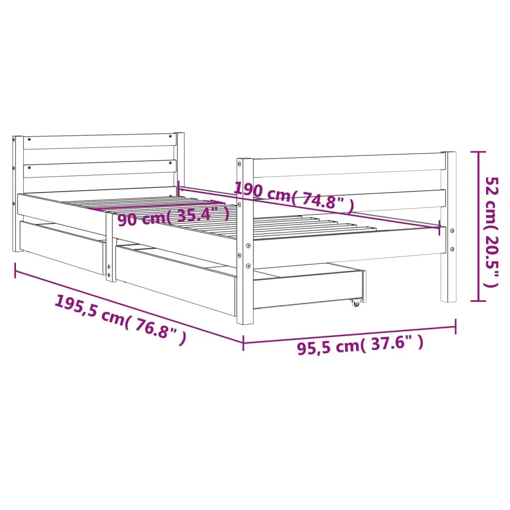 Kids Bed Frame Wooden Pine White Single with Storage Drawers