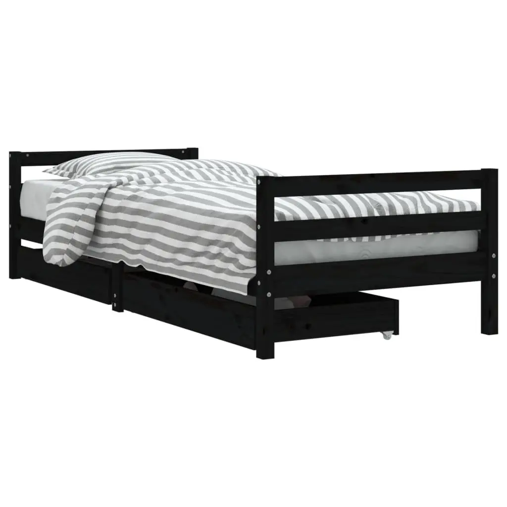 Kids Bed Frame Solid Pine Wood Black 90x190cm with Storage Drawers Low Platform