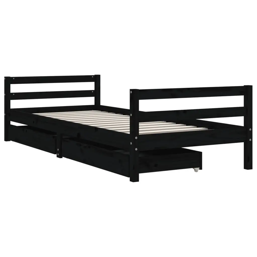 Kids Bed Frame Solid Pine Wood Black 90x190cm with Storage Drawers Low Platform