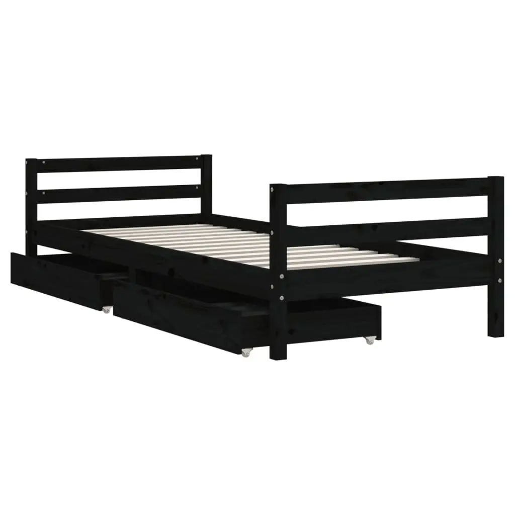 Kids Bed Frame Solid Pine Wood Black 90x190cm with Storage Drawers Low Platform