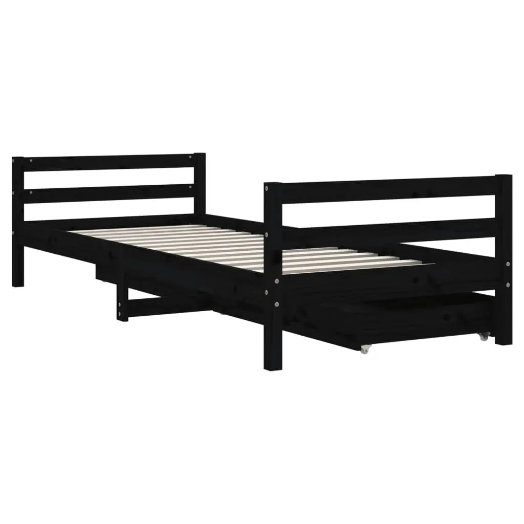 Kids Bed Frame Solid Pine Wood Black 90x190cm with Storage Drawers Low Platform