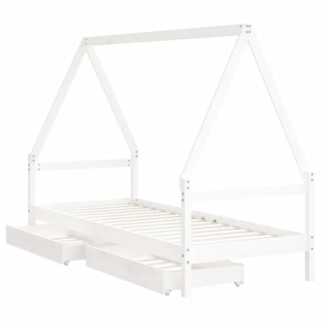 Kids Bed Frame with Storage Drawers House Design White Solid Wood Single Bed
