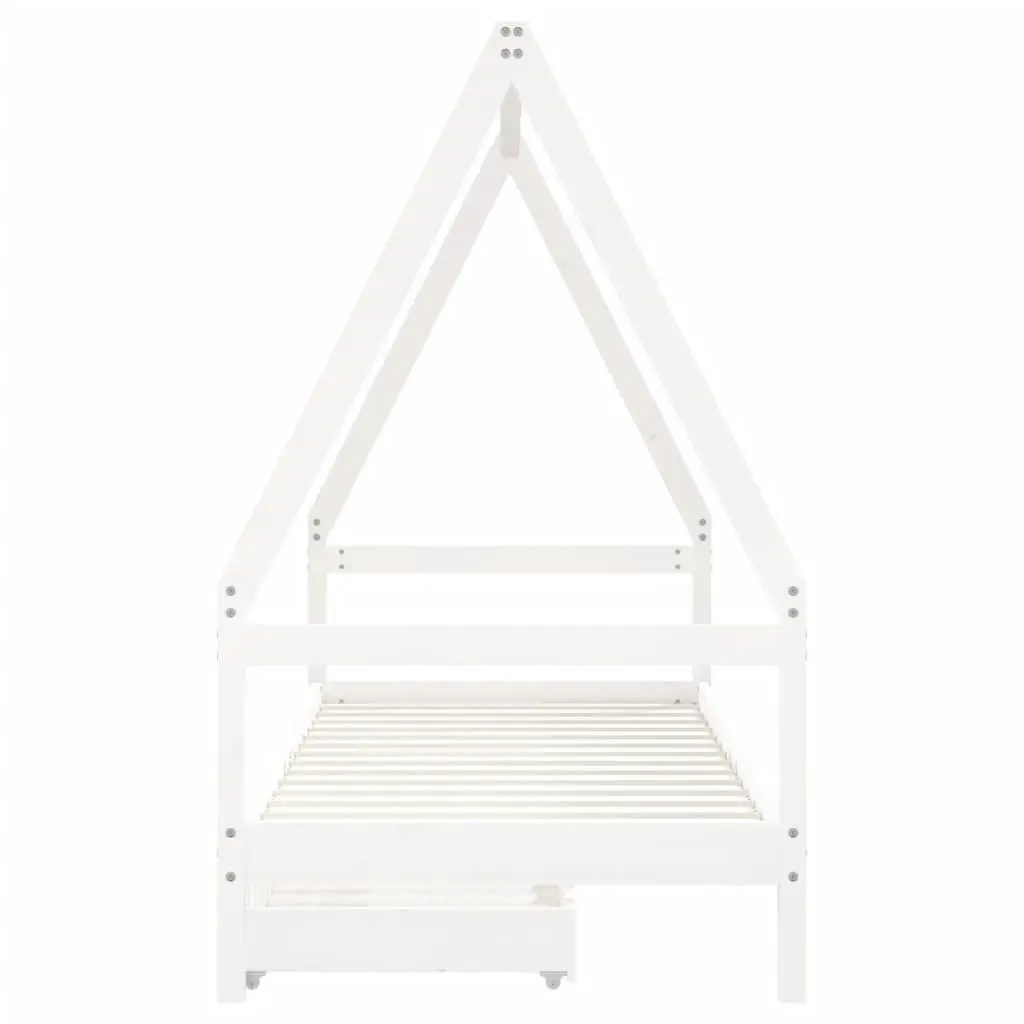 Kids Bed Frame with Storage Drawers House Design White Solid Wood Single Bed